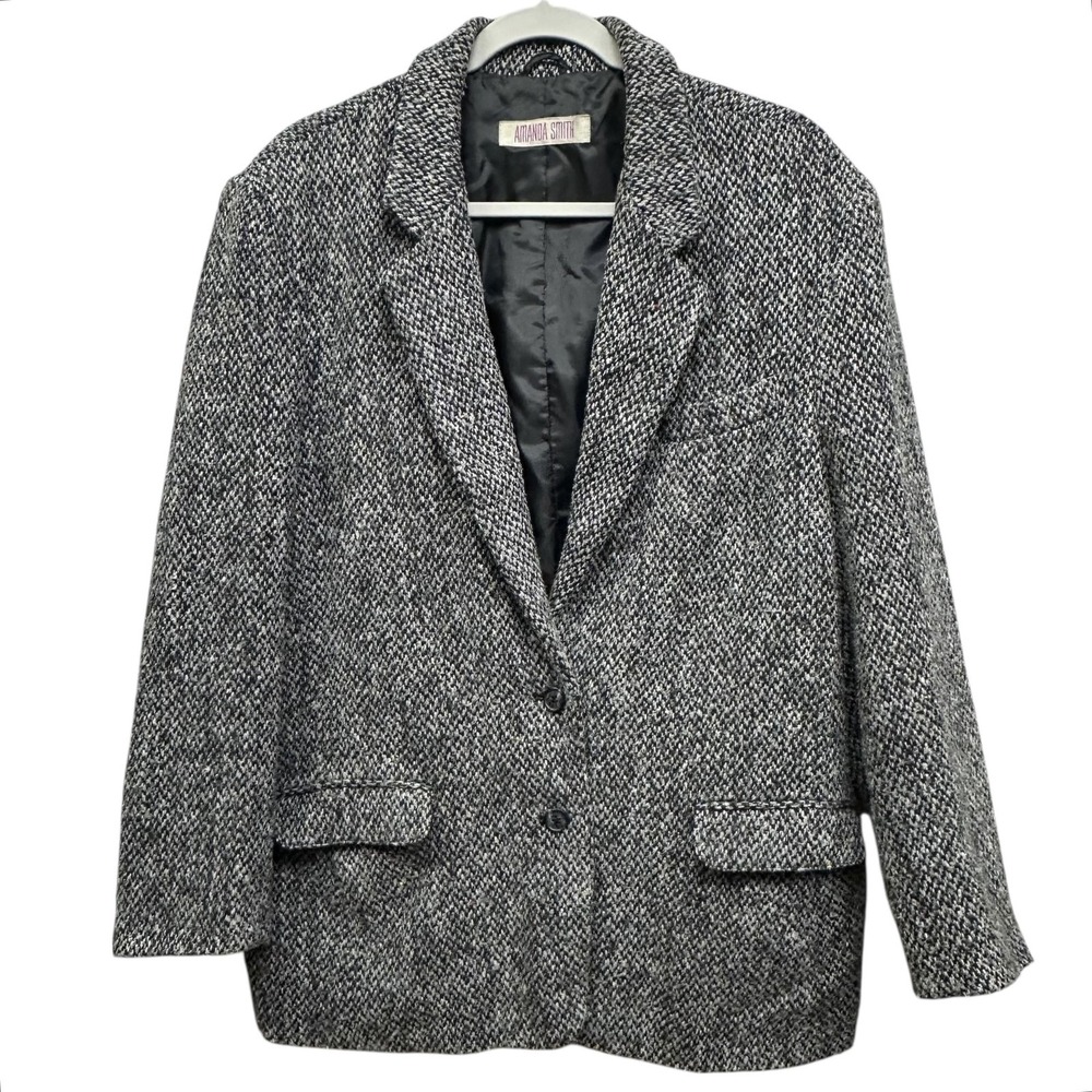 Amanda Smith Jacket Womens Large Gray Tweed Blazer Wool Blend‎ Lined Classic